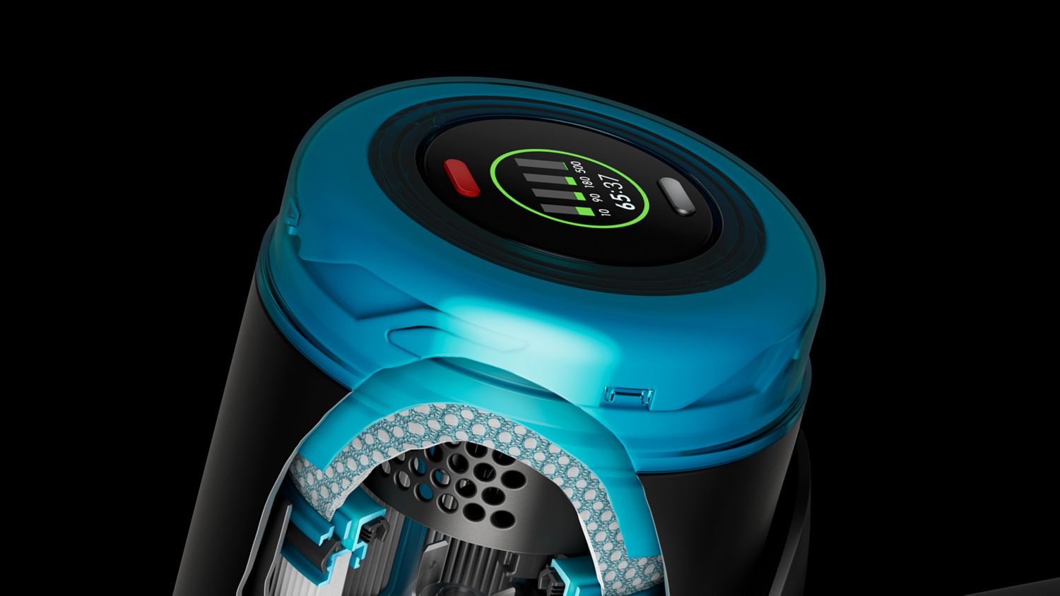 Close up of HEPA filter and LCD screen.